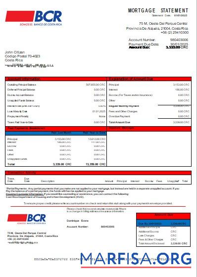 Downloadable Costa Rica The Bank of Costa Rica bank mortgage statement scr real example